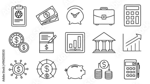 A set of minimalist line art icons representing various financial and business concepts