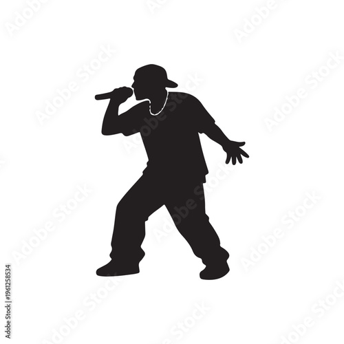 A halftone dot pattern illustration showing a silhouette of a person rapping into a microphone Vector