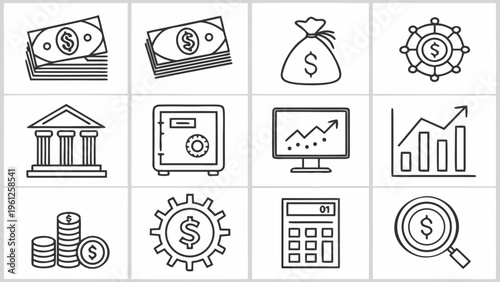 A set of financial icons and symbols in a flat, minimalist design style