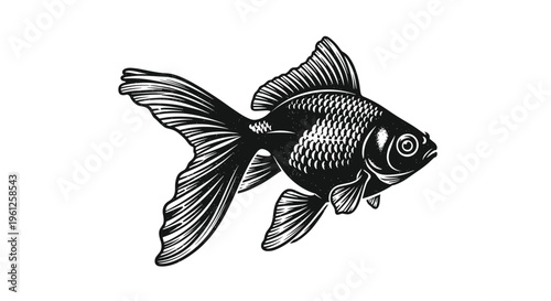 Detailed black and white ink drawing of a goldfish shows fine scales and flowing fins, capturing the elegance of the aquatic pet.