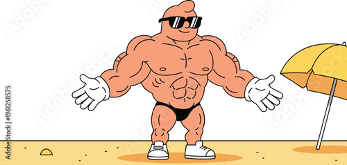 Cartoon muscular beach character wearing sunglasses gloves sneakers confident pose humorous bodybuilder concept summer vacation fun illustration design set