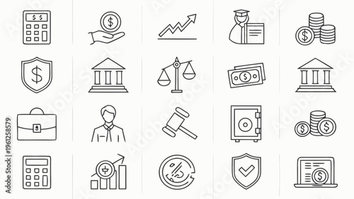 A collection of financial icons and symbols in a minimalist line art style
