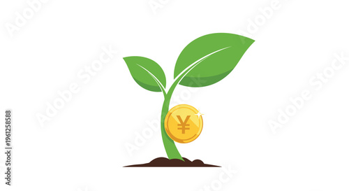 Young green plant grows from the soil with a large golden Yen coin at its base, symbolizing financial growth and investment in Japan.