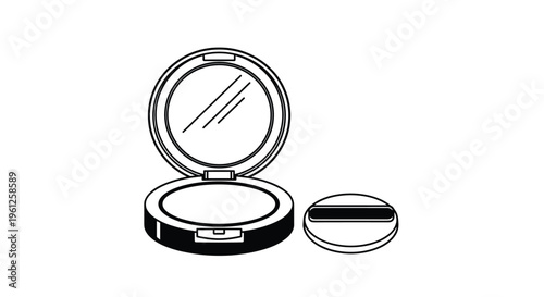 Line art illustration of an open makeup powder compact with a mirror and a soft sponge puff for cosmetics application.