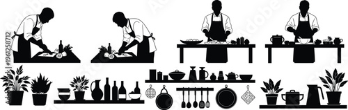 Professional chef silhouettes set featuring cooks preparing food at counters, kitchen utensil icons, interior decor plants, and culinary equipment for restaurant design.