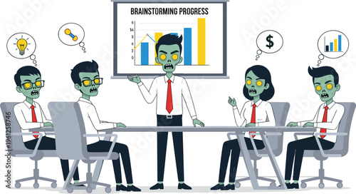 Cartoon zombie businesspeople in corporate meeting brainstorming progress humorous office teamwork concept with graphs ideas money data analysis creative workplace illustration