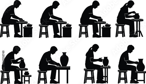 Pottery artist silhouettes set featuring male and female potters working on clay wheels, shaping ceramic vases, and creating handmade earthenware crafts.