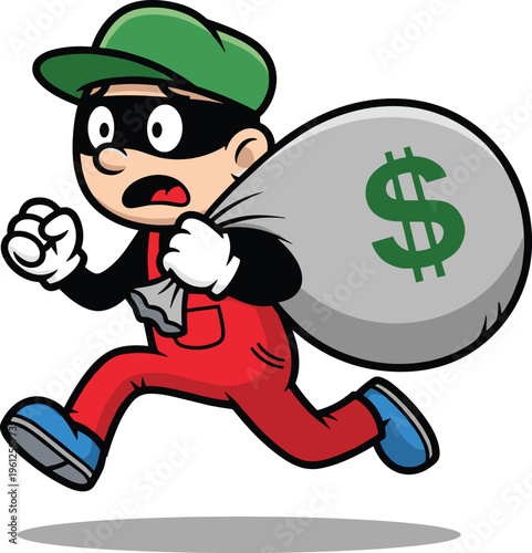 Cartoon vector illustration of a worried thief in a mask and green cap running away while carrying a large gray money bag with dollar sign
