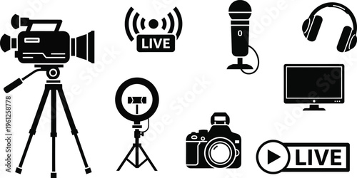 Live streaming and recording equipment icons