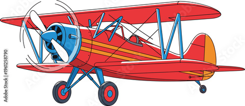 Quadro em tela Colorful vintage biplane illustration with dynamic spinning propeller vibrant re