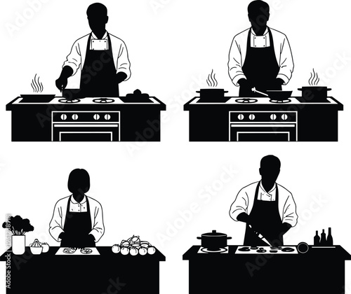 Professional chef silhouettes set featuring cooks preparing food at kitchen counters, frying on stoves, and chopping fresh vegetables for gourmet meals.
