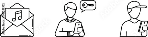 Linear icons showing an open envelope with music note a person receiving a digital security key and a man using a mobile smartphone