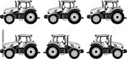 Set of six identical tractor line drawings in black and white, side view agricultural machinery illustration showcasing farming equipment, wheels, cab, and rural design collection