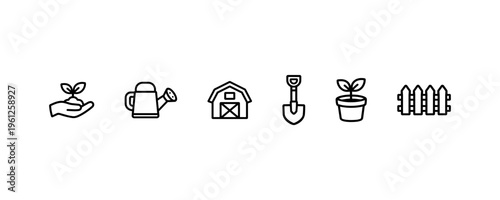 Gardening icons: seedling, watering can, barn, shovel, potted plant, fence.