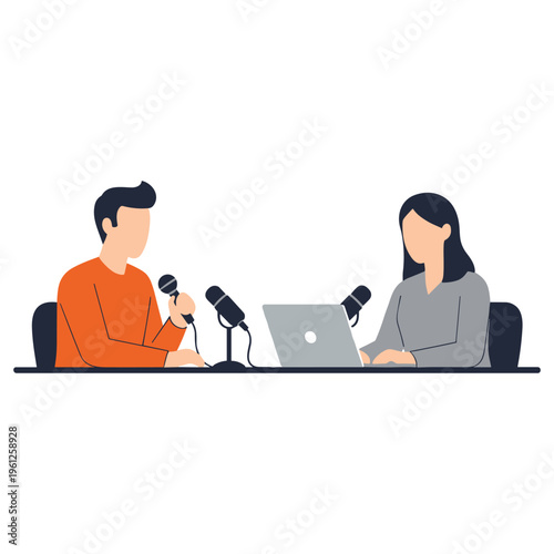 Man and woman recording interview with professional microphones and laptop in simple style