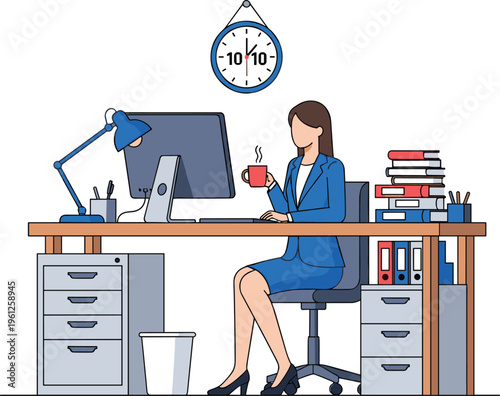 Professional businesswoman in blue suit working at office desk with computer monitor drinking coffee and managing heavy workload with documents and files on one line