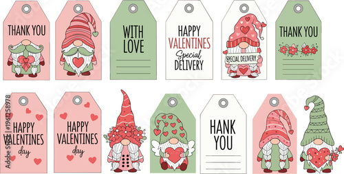 Set of cute Valentine's Day gift tags featuring hand drawn gnomes with hearts red pink and green colors for labels stickers and holiday packaging