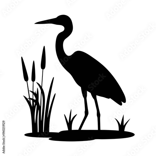 Silhouette of a heron bird standing near cattails and grass in a wetland environment drawing