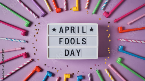 A colorful celebration of April Fools' Day with party supplies and decorations