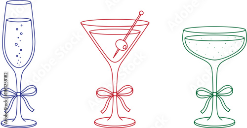 Elegant Cocktail Glass Illustration Set – Martini, Champagne, Margarita Line Art Minimal Style