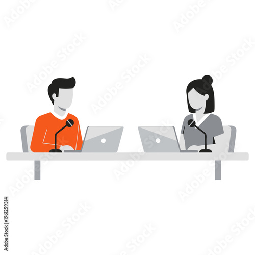 Podcasters sitting opposite each other at desk with laptops and microphones for recording