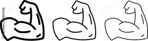 Strong bicep muscle icons in three line weights, flexing arm vector set for fitness and bodybuilding, black outline power and strength symbols