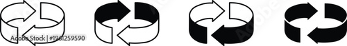 Circular arrow icons set, black and white recycle symbols in 3D perspective, rotation and repeat signs for web interface and infographic design