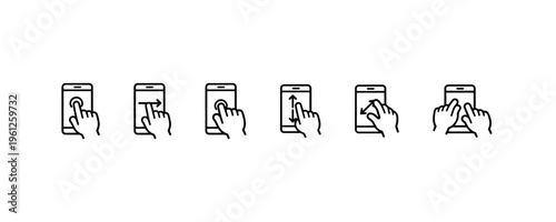 Hand gesture icons for touchscreen interaction on devices.