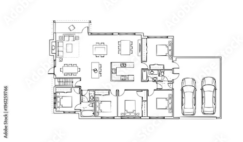 Suburban Residential Floor Layout Unfurnished Home Blueprint Line Vector