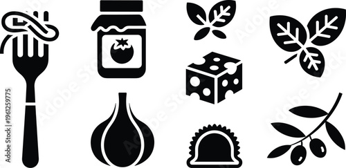 Black vector icons of pasta fork, tomato sauce jar, basil, cheese, garlic, ravioli, olives, minimal Italian food design