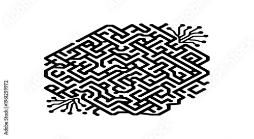 Black and white complex labyrinth puzzle with glowing light path, challenging maze game on isolated white background.