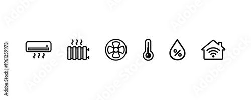 Climate control icons: air conditioning, heating, ventilation, temperature, humidity, smart home.