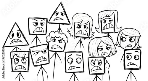 Group of Angry and Frustrated Cartoon Stick Figures with Negative Emotions in Bright Studio