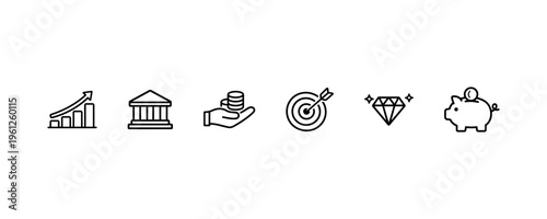 Financial growth and savings icons: graph, bank, coins, target, diamond, piggy bank.