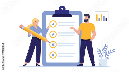 business checklist planning teamwork flat illustration task management workflow strategy concept people analyzing checklist board vector