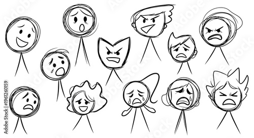 Collection of stick figure faces expressing a wide range of emotions like happy, sad, angry, surprised, and crying, on an isolated white background.