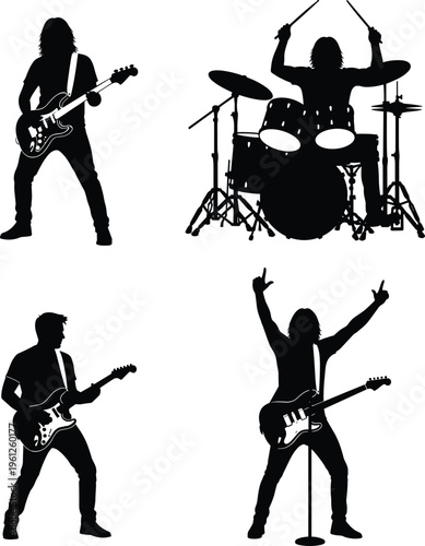 Silhouettes of rock band musicians playing electric guitar, bass and drums on stage, performers set for live music concert and festival