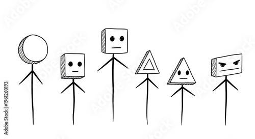 Stick figures with geometric heads expressing different moods like neutral, questioning, and angry, on an isolated white background.