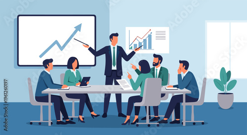 Business team meeting in modern office with presentation on screen in professional corporate setting for marketing