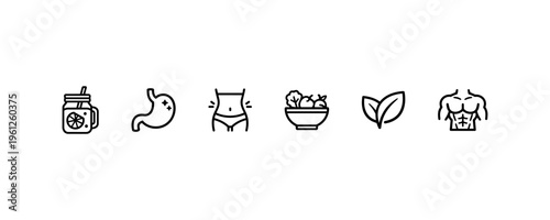Detox and wellness icons: juice, digestion, fitness, nutrition, healthy lifestyle.