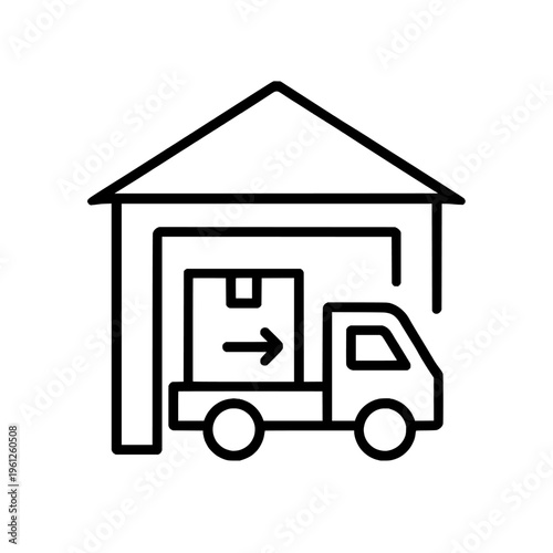 A black line drawing of a delivery truck loading a box into a garage