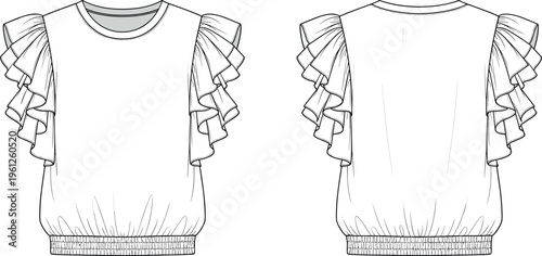 Women Round Neck Ruffled Cap Sleeve Blouse Technical Flat Sketch Fashion Template with Smocked Hem Front and Back View Vector