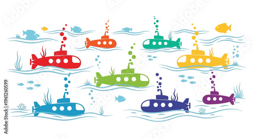 Colorful submarines navigate underwater with bubbles a playful silhouette