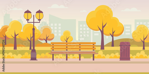 A peaceful autumn park scene with a bench and glowing lampposts