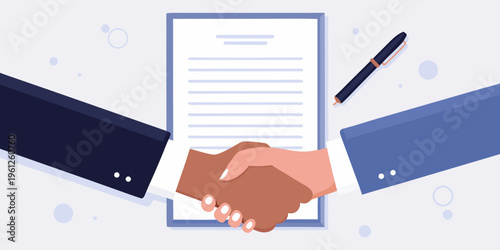 A handshake seals a deal represented by a document and pen