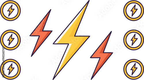 Colorful lightning bolts and on white background yellow orange