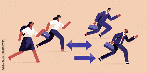 Business professionals rushing forward guided by directional arrows