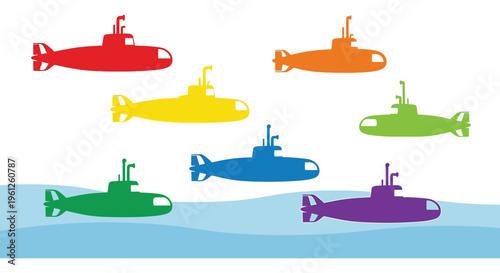 Colorful submarines swim beneath waves a playful underwater silhouette
