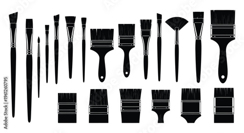 Collection of various artist brushes displayed in a dark silhouette