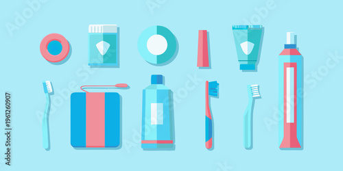 Flat lay of colorful dental hygiene products on a light blue background